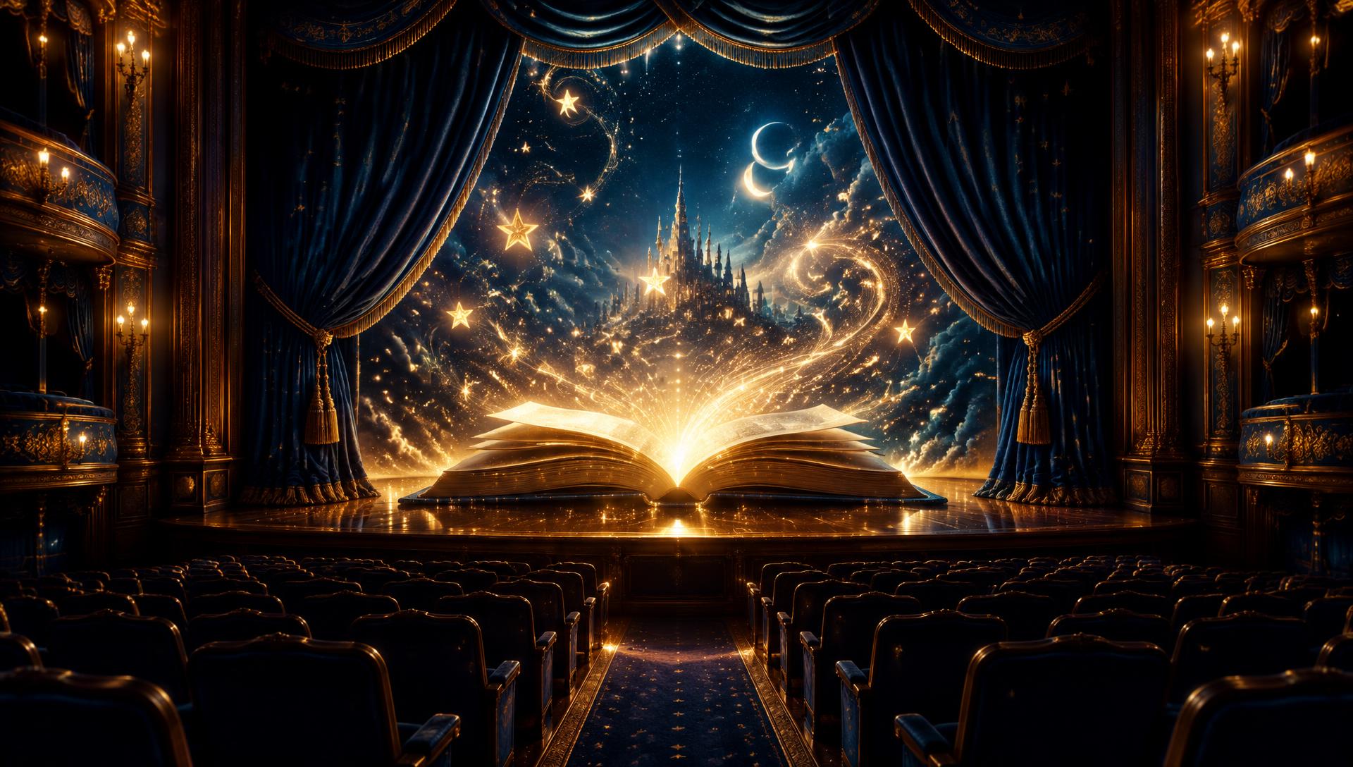 Theater curtains opening onto a glowing magical storybook